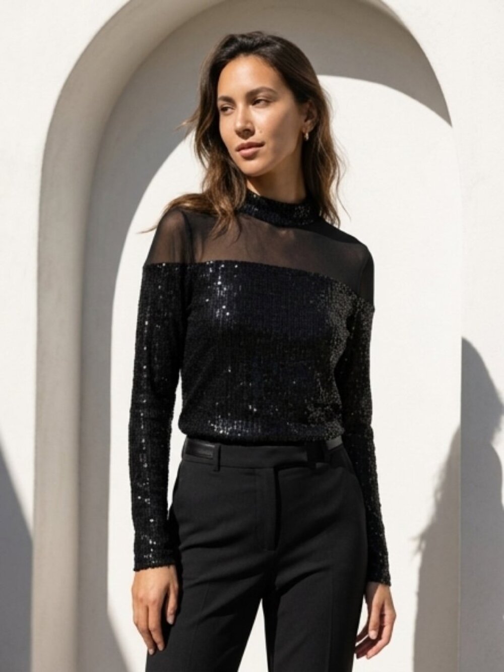 Vince Camuto Black Sequin Sheer Yoke Top